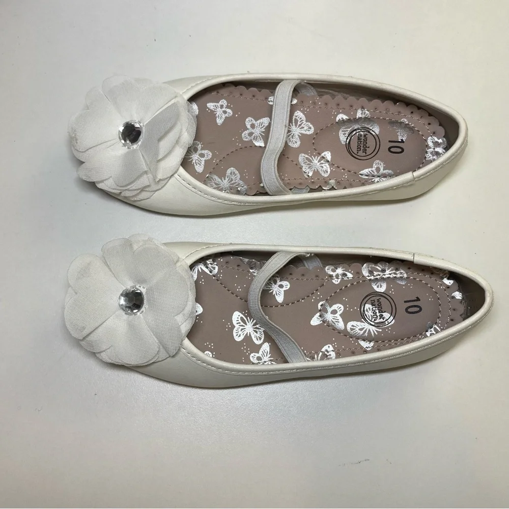 🌺Wonder Nation Girl’s 10 Dressy White Ballet Flat Flower
